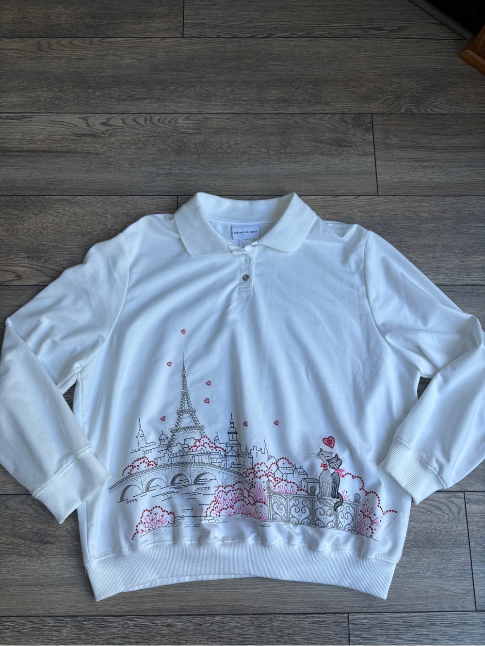 Alfred Dunner Womens White Collared Pullover Sweatshirt Paris Cat Embroidered XL